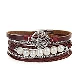 Jenia Tree of life Leather Bracelet Rope Wrap Pearl Cuff Wristband for Women with Gift Bags