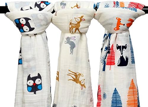 Qav Juh 3 Pack Baby Muslin Baby Swaddle Wrap Blankets, 47x47 inches Organic Cotton Muslin Receiving Blanket for Unisex Shower Gift (Owl & Deer & Fox)