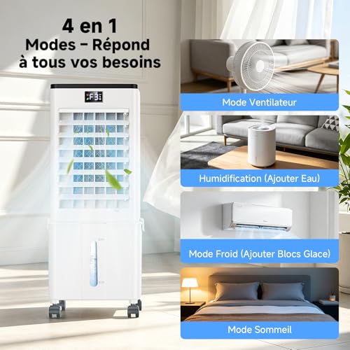 Upgraded 10L Silent Mobile Air Conditioner, 4-in-1 Air Cooler, Remote Control, 12H Timer, 3 Speed, Oscillation, Portable Air Conditioner for Camping Bedroom Kitchen (Elegant White)