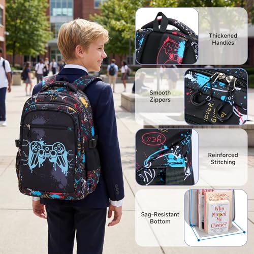 Amythe Children's Backpack, Elementary and Middle School, Large Bright Night Boy Backpack with 15.6 Inch Laptop Compartment, Ergonomic, Water-Repellent, Casual Backpacks Teenagers