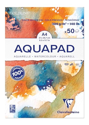Clairefontaine 975721C Bloc Encolle Goldline Aquapad - 50 Feuilles Papier Aquarelle Blanc Grain Moyen Fin A4 21x29,7 cm 300g - Paquet de 3 blocs