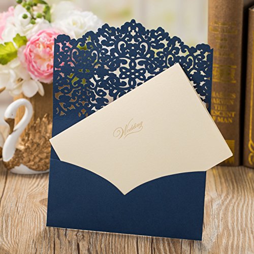 50pcs Elegant Laser Cut Wedding Invitations Cards with Envelopes and Stickers (Dark Blue)