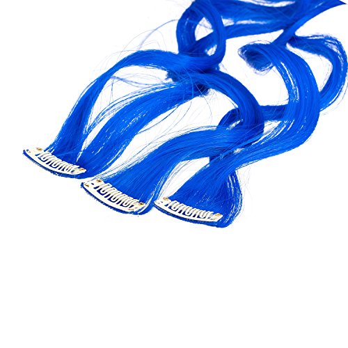 SWACC 12 Pcs Curly One Color Party Highlights Clip on in Hair Extensions Colored Hair Streak Synthetic Hairpieces (Blue)