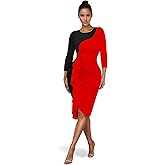 Richlylian Women's Ruffle Wear to Work Dress, Long Sleeve Crew Neck Colorblock Sheath Bodycon Midi Dresses