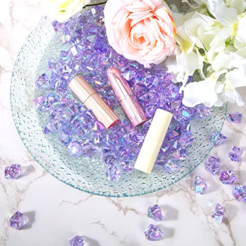 DomeStar Purple Fake Ice Rocks, 150PCS Purple Holographic Acrylic Crushed ICES Sparkling Purple Fake Diamonds Holographic Plastic Purple Gems Marble Vases Fillers Table Scatter Decoration