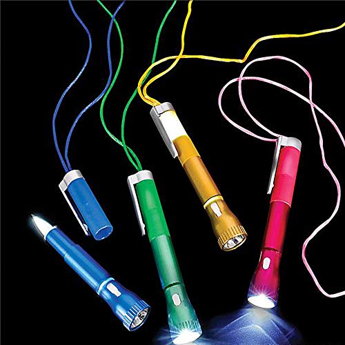 Kicko Light-Up Pen with Necklace - 12 Pack - Assorted Color - Flashlight and Pen with String - for Camping, Outdoor Activities, Emergency Tool, Party Favor, Goody Bag Filler