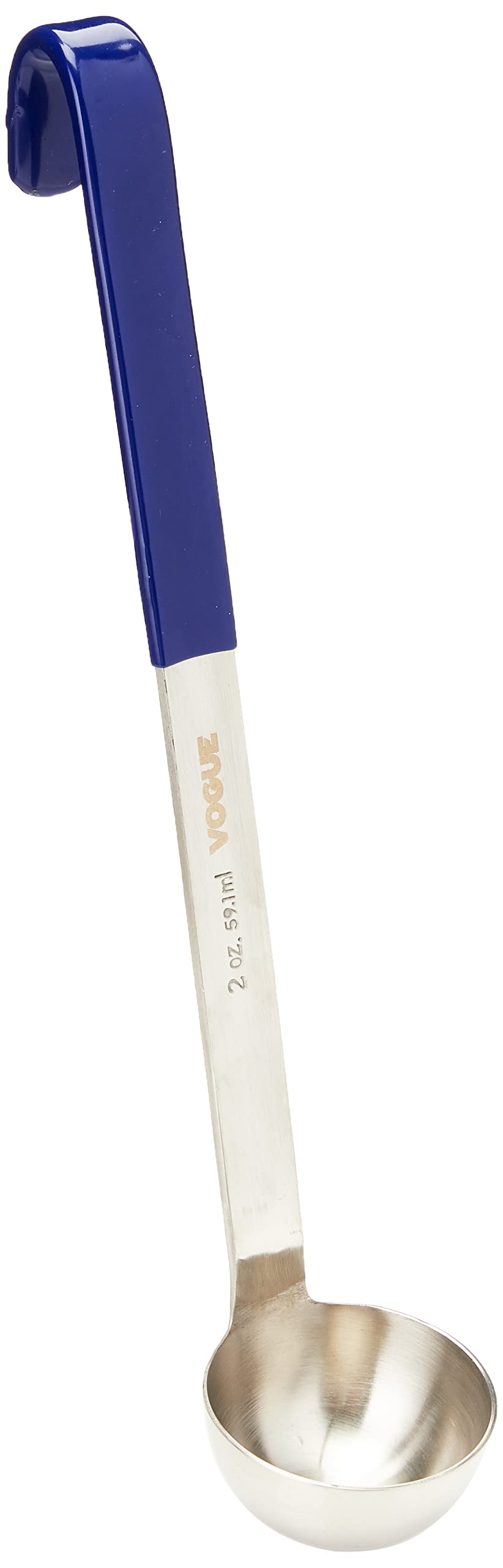Vogue Heavy Duty Colour Coded Ladle 59 ml/2 oz, Blue, Stainless Steel, Size: 345(L)x60(Dia)mm, Stamped Capacity Marking, Hooked Handle for Storage, CD145
