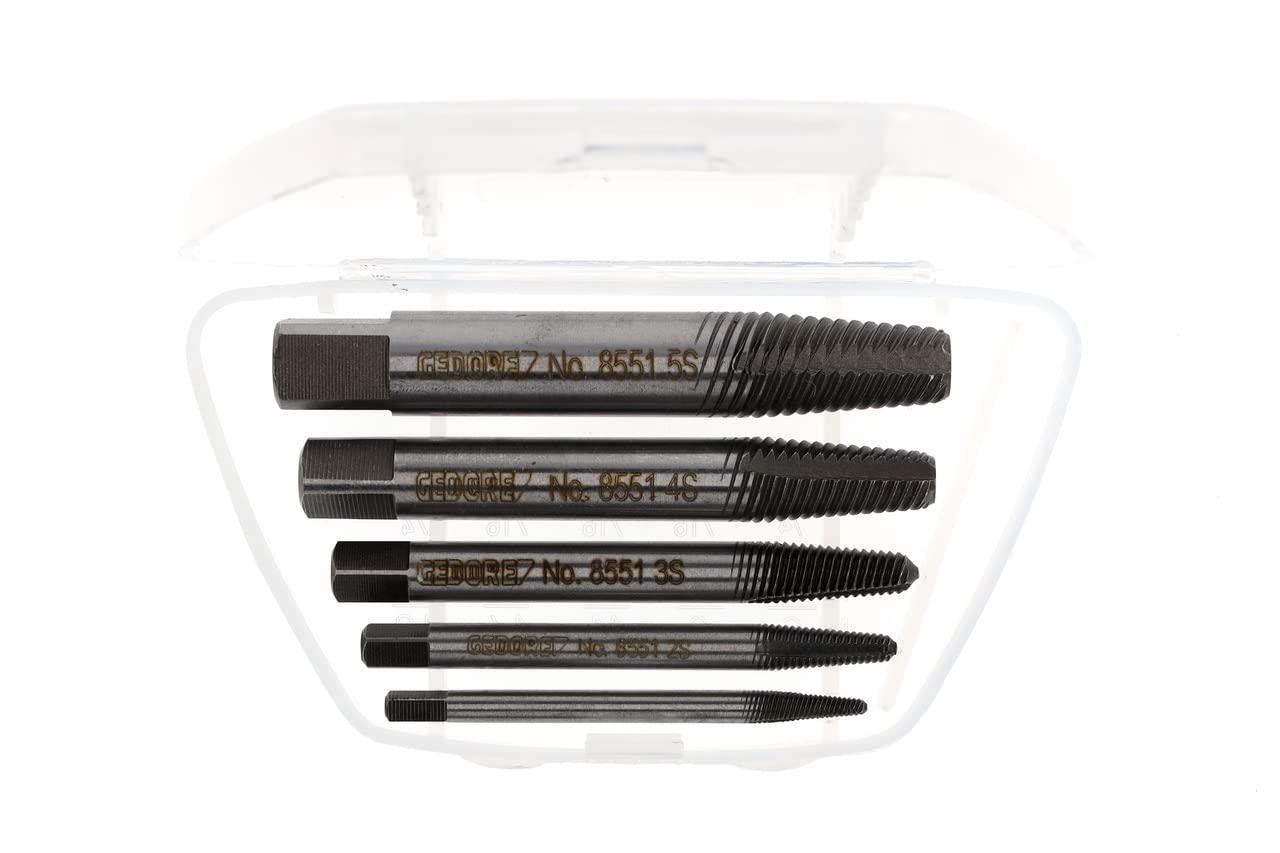 GEDORE Screw Extractor Set, Chrome Vanadium Steel, 54-56 HRC, in Plastic Box, 5 Pieces, M3-M18
