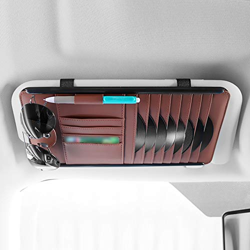 Car Sun Visor CD Organizer, 8 Pockets CD, DVDs Storage Case, Sunglasses & Pen Holder, Registration, Document and Ticket Holder, Personal Belonging Storage Pouch(Beige)