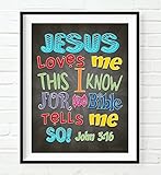 Jesus Loves Me this I know for the Bible Tells me so - John 3:16 - Vintage verse scripture ART PRINT, UNFRAMED Christian Childrens nursery wall decor poster gift, 8x10 inches
