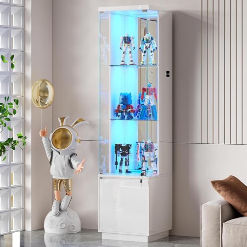 Lockable Curio Display Cabinet with Glass Door, 165cm Lighted Curio Cabinet with 3 Color Lights for Collectibles, 3-Tier Glass Display Case with Human Body Sensor for Living Room, White