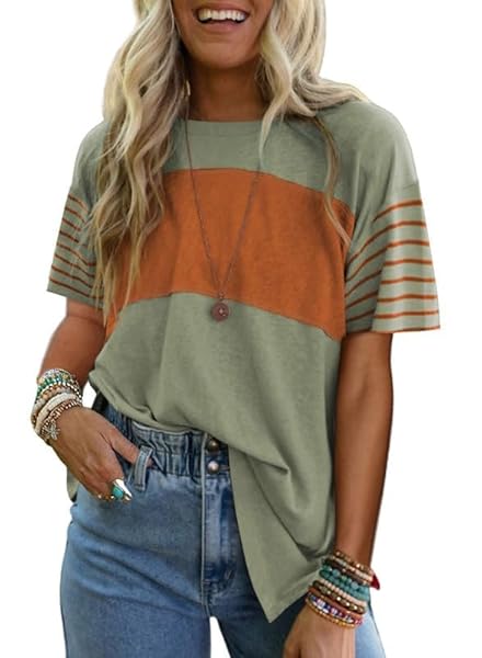 SHEWIN WOMENS T SHIRTS 2025 CASUAL SUMMER SHORT SLEEVE SHIRTS LOOSE CREWNECK TEE SIDE SPLIT CUTE TOPS OVERSIZED TSHIRTS FOR WOMEN LIGHT GREEN ORANGE XL