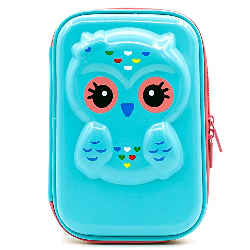 JUJIN Cute Owl Face Hardtop EVA Pencil Case Big Pencil Box With Compartment For Kids (Glossy Lake Blue)