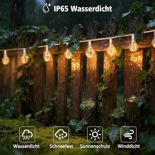 DBFAIRY 10 m Solar Fairy Lights Outdoor with 20 Bulbs, Solar Fairy Lights Outdoor Weatherproof with Timer 8 Modes, Vintage Hemp Rope Solar Fairy Lights Outdoor for Garden Balcony Party (Warm White)