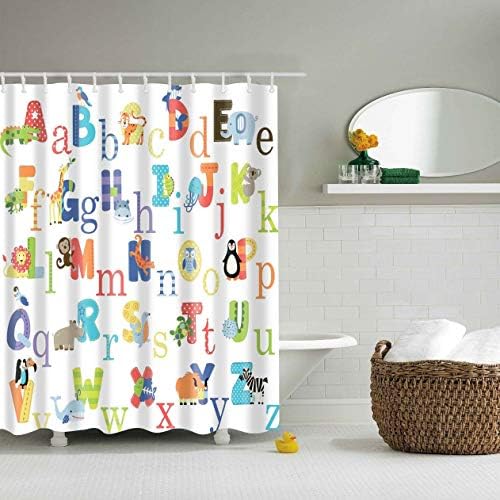 Moorfowl Fabric Shower Curtain Colored Alphabet Letters Pattern Bath Rug 12 Hooks Included, Waterproof, Anti Mildew Shower Curtain for Kids