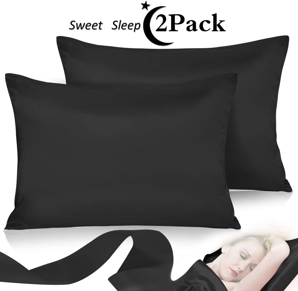 Leccod Pillow Covers Pillowcase for Hair and Skin 2 Pack Satin Pillowcase with Envelope Closure Cool Super Soft and Luxury (Black, Standard: 20x26)