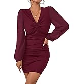 Fisoew Women's V Neck Party Dresses Slim Fitted Long Sleeve Twist Knot Ribbed Mini Club Bodycon Dress
