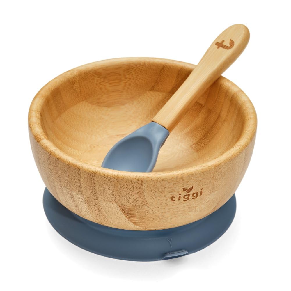 Tiggi Bamboo Baby Bowl from Suction Base Baby Weaning Bowl (Dusky Blue)