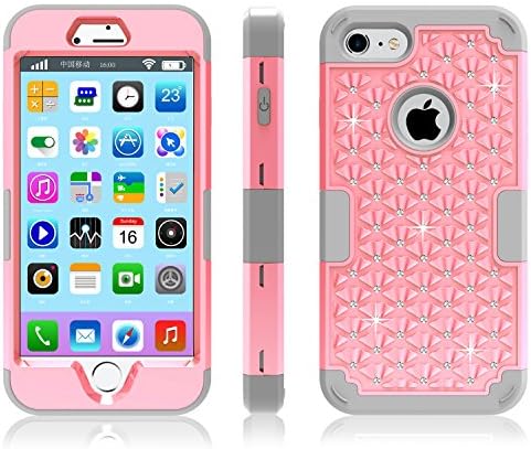 iPhone 7 Case, Speedup Diamond Studded Crystal Rhinestone 3 in 1 Hybrid Shockproof Cover Silicone and Hard PC Case for Apple iPhone 7 (2016 Released) (Pink + Grey)