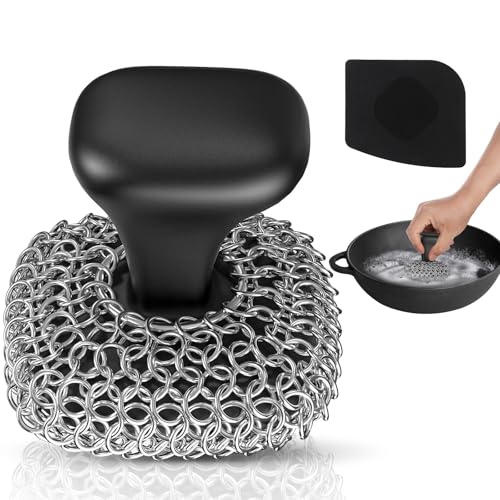Purgreat Cast Iron Scrubber | Dish Scrub Brush | 316 Cast Iron Cleaner Chainmail Scrubber for Pan Skillet Cleaner - Dish Scouring Pad Dishwasher Safe Cleaning Kit, Black 03