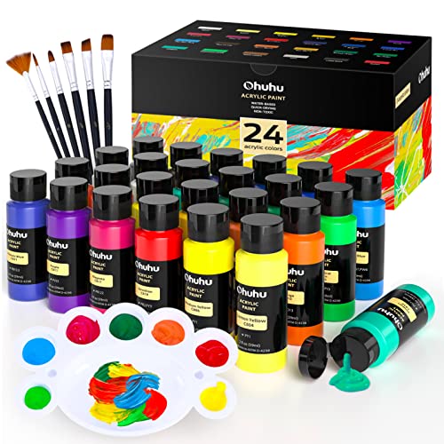 Acrylic Paint Set for Art, Ohuhu 24 Colors 2 Ounce/59ml Acrylic Paint Supplies for Wood, Fabric, Crafts, Canvas, Leather&Stone