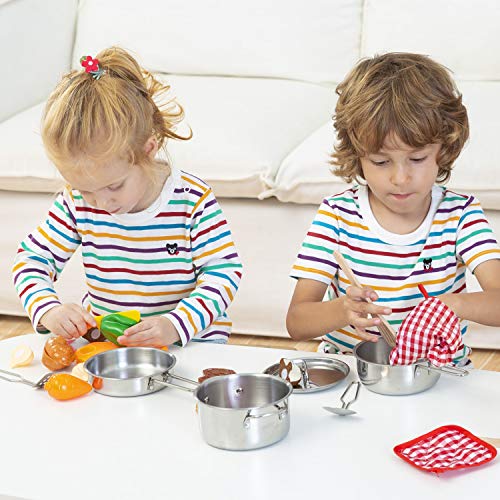 Toyssa Kitchen Pretend Play Accessories Toys with Stainless Steel Cookware Pots and Pans, Cooking Utensils, Cutting Play Food Set Learning Gifts for Kids Boys Girls - Thumbnail 5