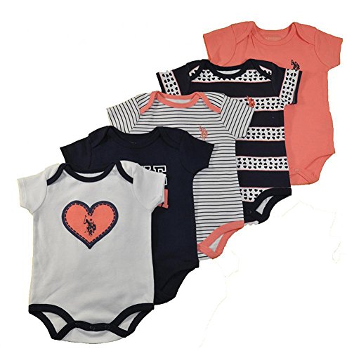 U.S. Polo Assn. Baby Girls' 5 Piece Bodysuit Set, Calypso Peach Combo, 3 Months