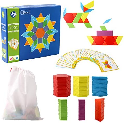 kizh Wooden Pattern Blocks Educational Montessori Toys for Kids Tangrams Jigsaw Shapes Dissection Traveler Challenge IQ Toy with 130 Geometric Shape Pieces and 24 Designs