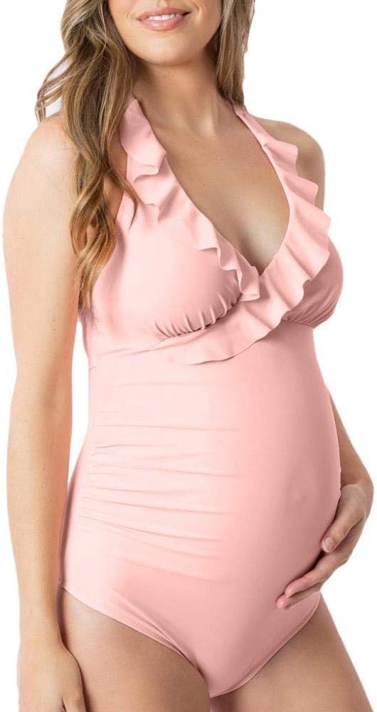 Women Pregnant Swimsuit Solid Color Bathing Suit Maternity One-Piece Swimwear Beach Sexy Open Back Bikini Pregnancy Swimming Costume
