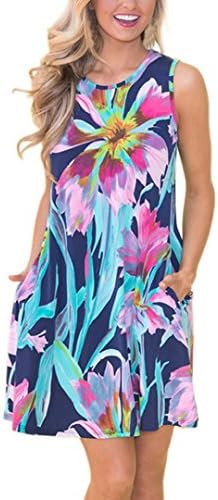 Women Mini Dress with Pockets, Summer Sleeveless Floral Flare Short Shirt Dress (Blue, M)