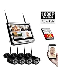 Versión WiFi más nueva y fuerteSistema de cámara de seguridad inalámbrico, sistema de cámara de seguridad inalámbrico Jennov de 4 canales, 1080P, cámara IP para el hogar al aire libre, videovigilancia con monitor NVR de 12 pulgadas, disco duro de 1 TB