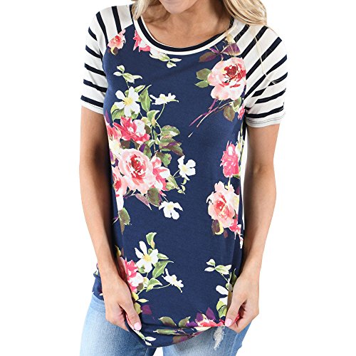 Pengy Clearance Women Short Sleeve Striped Floral Printed Blouse Shirt Tops (L, Blue)