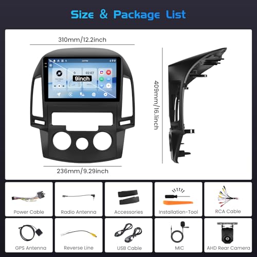 Inefala 4+64G Radio for Hyundai i30 2006-2011 Android 15 with 9'' In-Cell Screen with Wireless Carplay and Android Auto Mirror Link Radio FM/RDS GPS WiFi Bluetooth SWC Reverse Camera