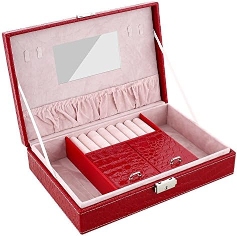 Dorfin Red Jewelry Box Lockable Jewelry Organizer Mirrored Storage Case（7.5" x 11.0" x 3.0"）