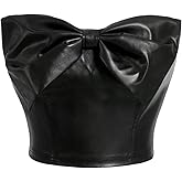 Floerns Women's PU Leather Strapless Tube Tops Bow Sleeveless Fitted Y2k Crop Tops