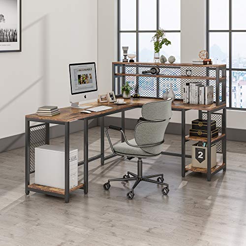 Tribesigns 67" Reversible Large Computer Desk with Hutch, Office Desk Study Table Writing Desk Workstation with 5 Storage Shelves 2 Tier Bookshelf for Home Office (Rustic Brown) - Image 2