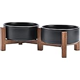 SPUNKYJUNKY Ceramic Dog Bowls with Acacia Wood Stand - Raised Dog Food and Water Bowl Set for Small Dogs (13.52 OZ, Black)
