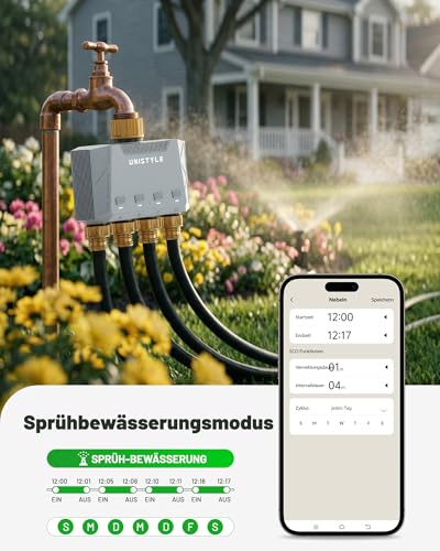 Unistyle Irrigation Computer WLAN 4 Outputs | New Edition 2026 - App Control, 5 Watering Plans, Precise Control, Alexa Voice Control, Automatic Watering for Garden & Plants