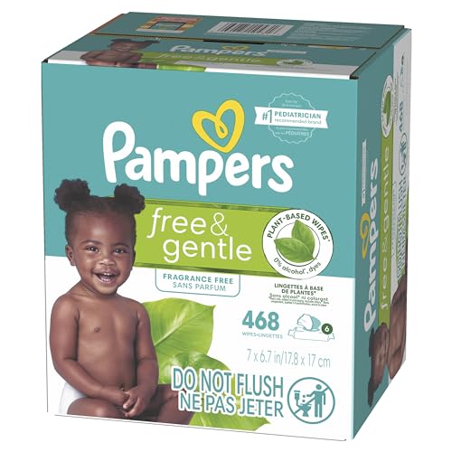 PAMPERS FREE & GENTLE 100% PLANT-BASED FRAGRANCE FREE BABY WIPES, 6 PACK, 468 COUNT