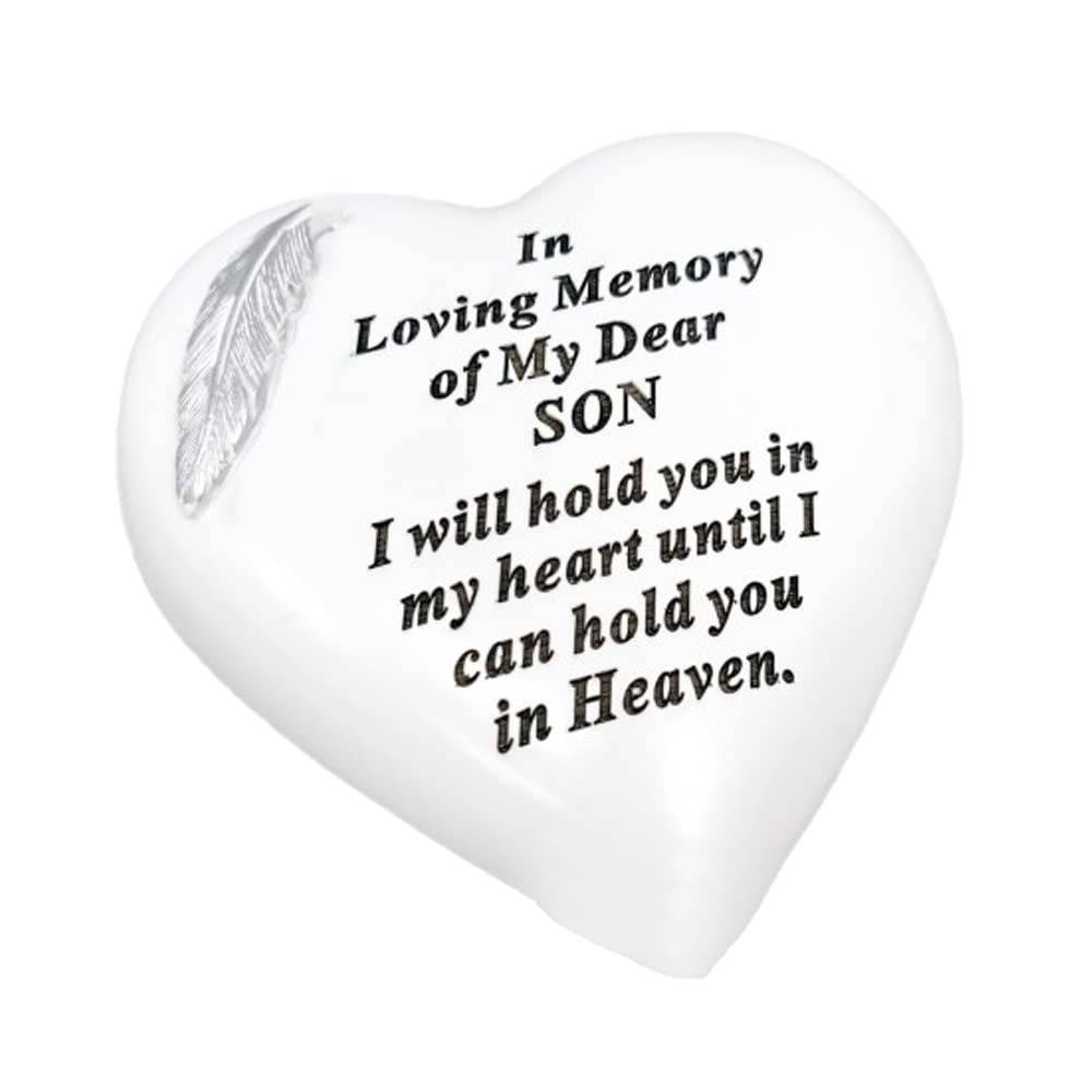 OnlineStreet Memorial Stone Heart Plaques Grave Ornaments - Personalised Grave Decoration White & Silver Plaques with Feather- Outdoor Memorial Plaques 15 x 15cm (Son)