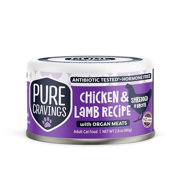 PURE CRAVINGS, CHICKEN & LAMB RECIPE WITH ORGAN MEATS SHREDDED IN BROTH CANNED CAT FOOD, 3 OUNCE
