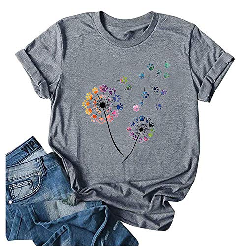 Novelty-Dandelion-Tshirt-Women-Dog-Paws-Graphic-Tee-Causal-Short-Sleeve-Kindness-Tops