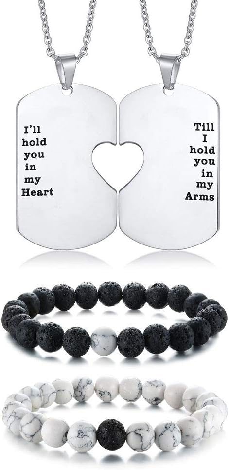 XUANPAI Stainless Steel Matching Puzzle Dog Tag Necklace&His and Hers Yin Yang Distance Beads Bracelet