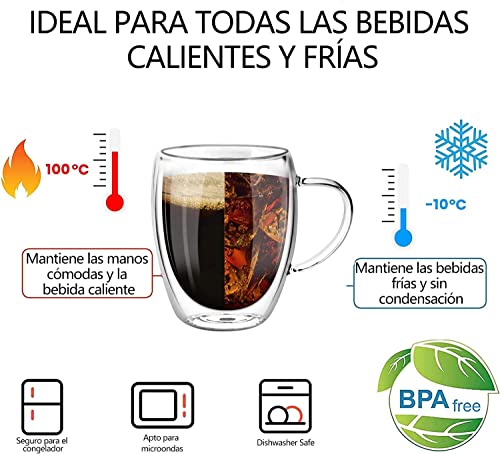 Taza para Cafe Doble pared Vidrio 350 ml (4 Piezas),Tazas para Cafe Espresso con Asa,Vasos pared Vidrio Transparentes para Capuchino,Café Expreso,Té,Ideales para Regalo