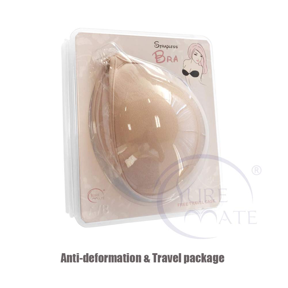 Self Adhesive Strapless Push Up Plunge Bra Invisible Backless Bra with Buckle (Cup C, Beige)