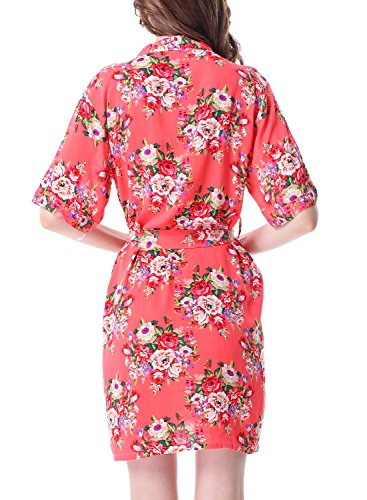Floral Kimono Robe for Women Short Sleeve V Neck Belted Satin Bridal Sleepwear - Thumbnail 2