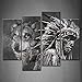 4 Panel Wall Art Black and White Wolf and Indians Painting The Picture Print On Canvas Animal Pictures for Home Decor Decoration Gift Piece (Stretched by Wooden Frame,Ready to Hang)