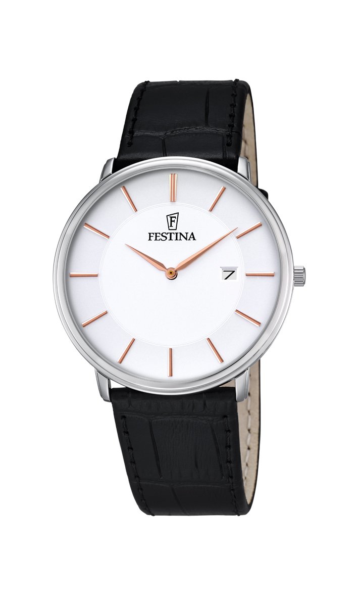 Festina CLASSIC Men's Quartz Watch with White Dial Analogue Display and Black Leather Strap F6839/3