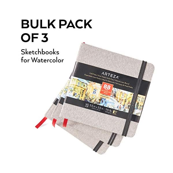 Arteza Watercolor Sketchbooks, 5.5×5.5inch, 3Pack, 132 Sheets, Gray