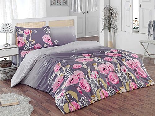 ThreeL Duvet Cover Set, 100% Cotton Bedding, White Pink Flowers and Yellow Leaves Floral Pattern Printed on Purple Dark Grey/Gray (3pcs, King Size)